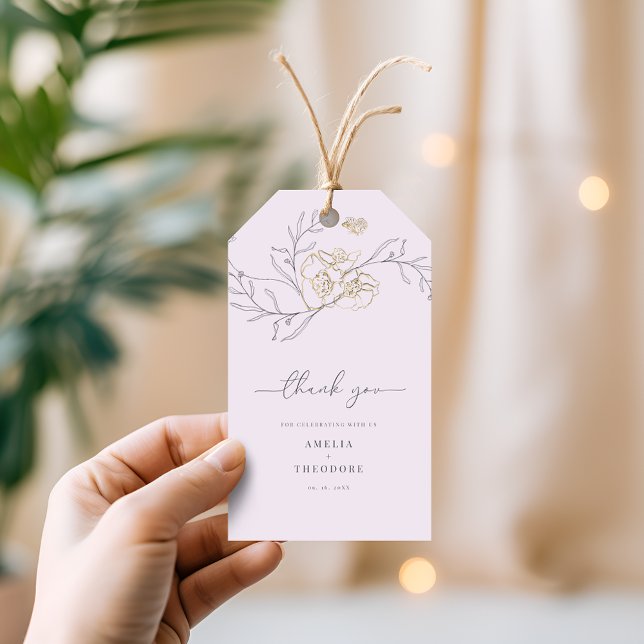 Minimal Elegante Linie Floral Lilac Gold Hochzeit Geschenkanhänger (Von Creator hochgeladen)