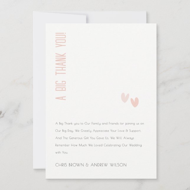 Minimal Elegante Pastel Dusky Pink Hearts Wedding Dankeskarte (Vorderseite)