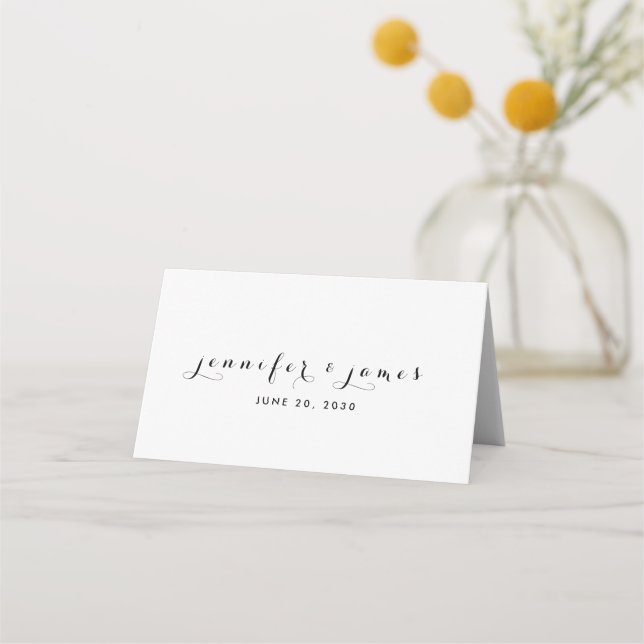 Minimal elegante Script-Schwarz-weiße Namen Hochze Platzkarte (Vorderseite)