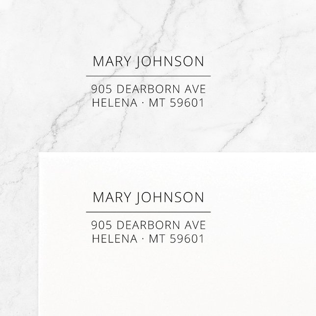 Minimal Elegante Typografische Rücksendeadresse 06 Permastempel (Simple, modern return address self-inking stamp featuring custom name and address with fine line.)