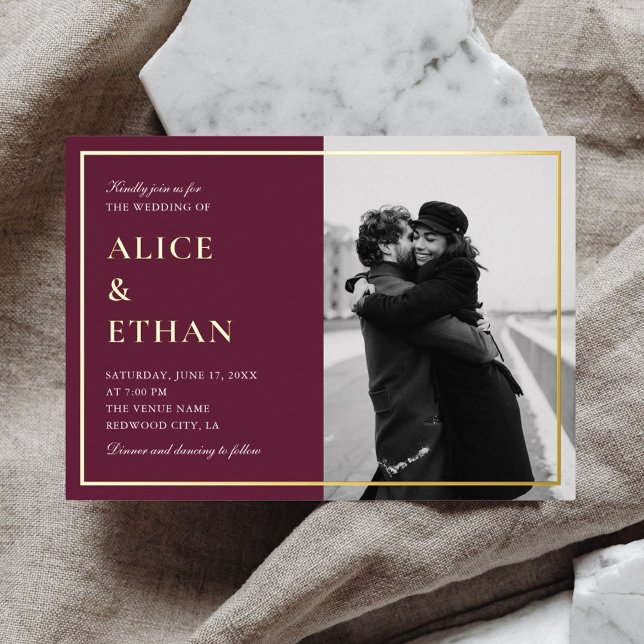 Minimal Elegantes Foto Fall Marsala Hochzeit Folieneinladung (Von Creator hochgeladen)