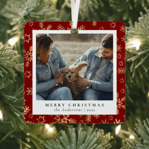 Minimal Elegantes Red Gold Weihnachtscouple Foto Ornament Aus Metall