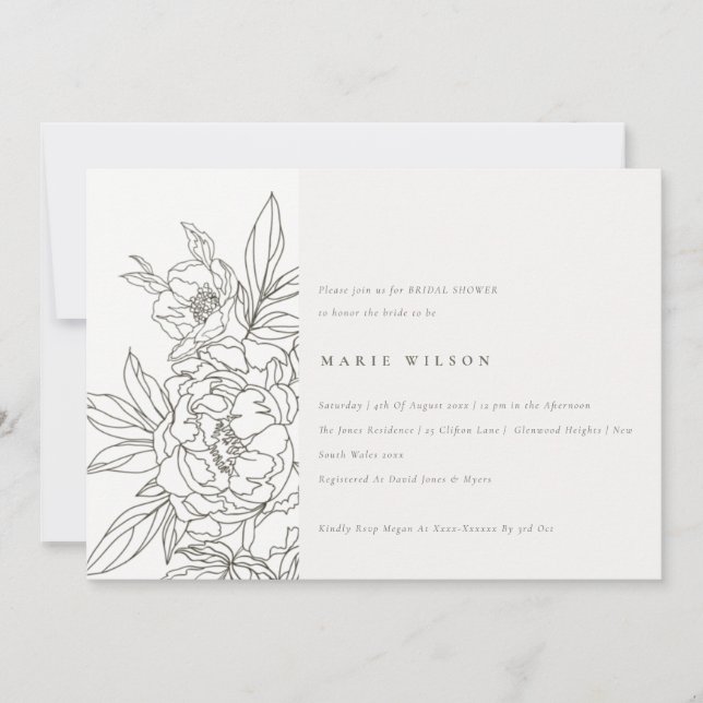 Minimal Eleganto Brown Floral Sketch Brautparty Einladung (Vorderseite)