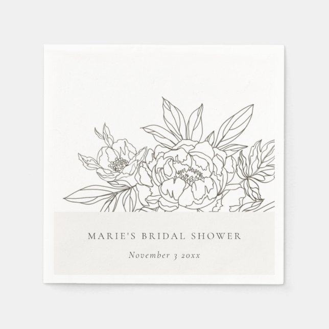 Minimal Eleganto Brown Floral Sketch Brautparty Serviette (Vorderseite)