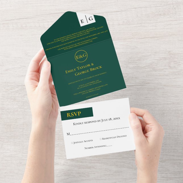 Minimal Emerald Green Gold Monogram Classy Wedding All In One Einladung (Abreißen)