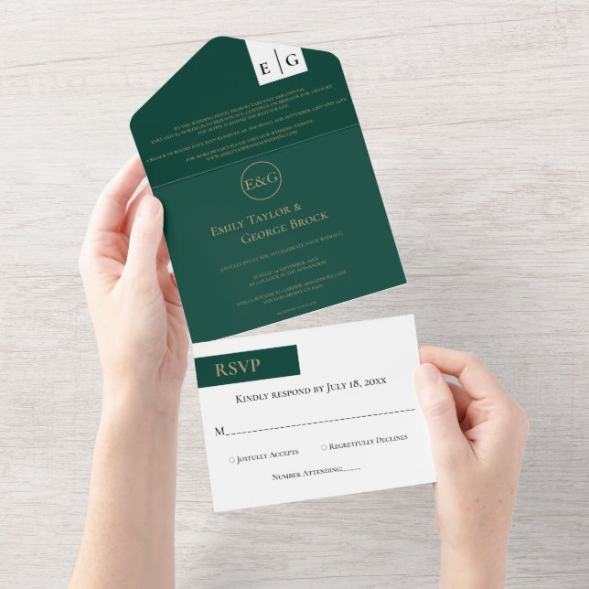 Minimal Emerald Green Monogram Elegant Wedding All In One Einladung (Abreißen)