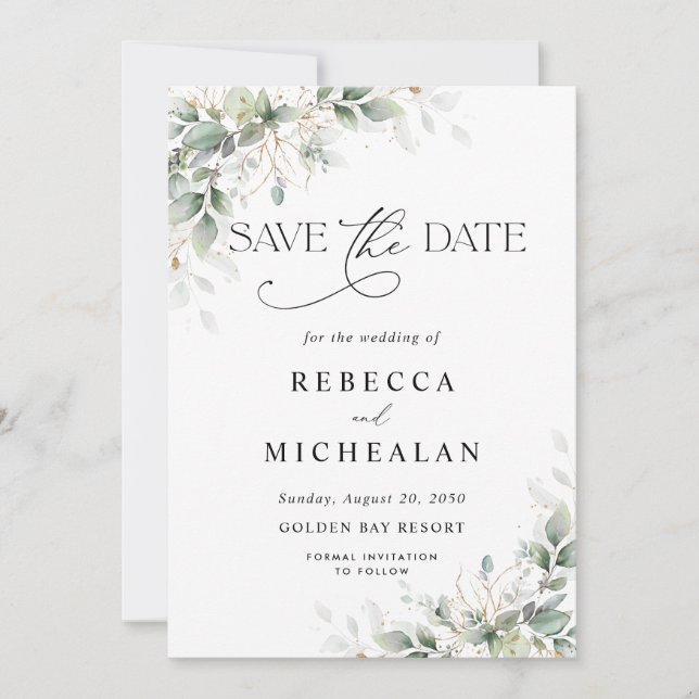 Minimal Eucalyptus Wedding Save The Date Einladung (Vorderseite)