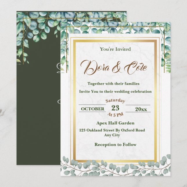 Minimal Eukalyptus Watercolor Grüne Hochzeit Einladung (Vorne/Hinten)