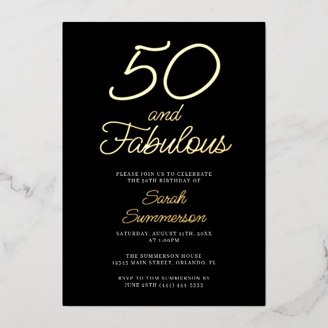 Minimal Fifty Fabulous Black 50th Birthday Party Folieneinladung (Vorderseite)