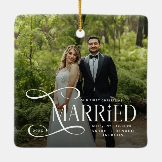 Minimal First Christmas Married Couples 2 Photos Keramikornament (Rückseite)
