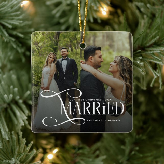 Minimal First Christmas Married Couples 2 Photos Keramikornament (Baum)