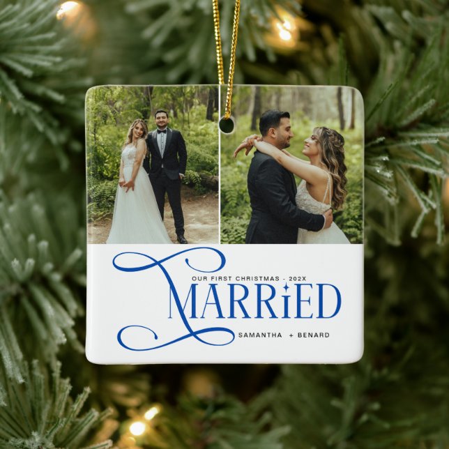 Minimal First Christmas Married Couples 2 Photos Keramikornament (Baum)