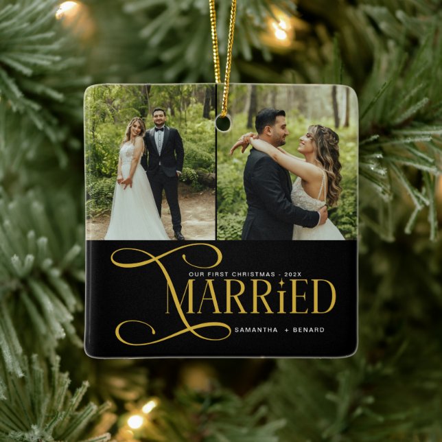 Minimal First Christmas Married Couples 2 Photos Keramikornament (Baum)