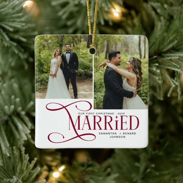 Minimal First Christmas Married Couples 2 Photos Keramikornament (Baum)