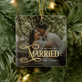 Minimal First Christmas Married Couples Photo Keramikornament