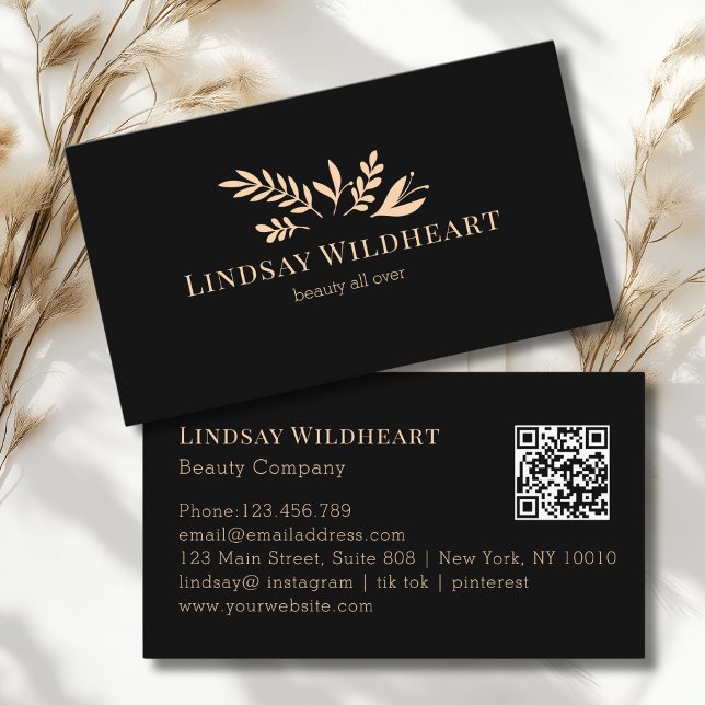 Minimal Floral Black Botanical Beauty QR Code Visitenkarte (Minimal Floral Black Botanical Beauty QR Code Business Card)