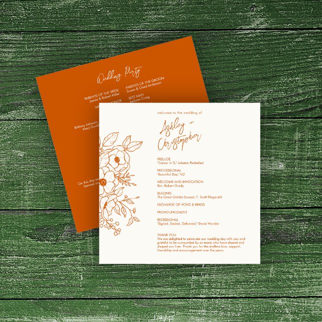 Minimal Floral Botani Burnt Orange Wedding Programm (Von Creator hochgeladen)