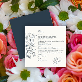 Minimal Floral Botanica Navy Blau auf Weiße Hochze Menükarte