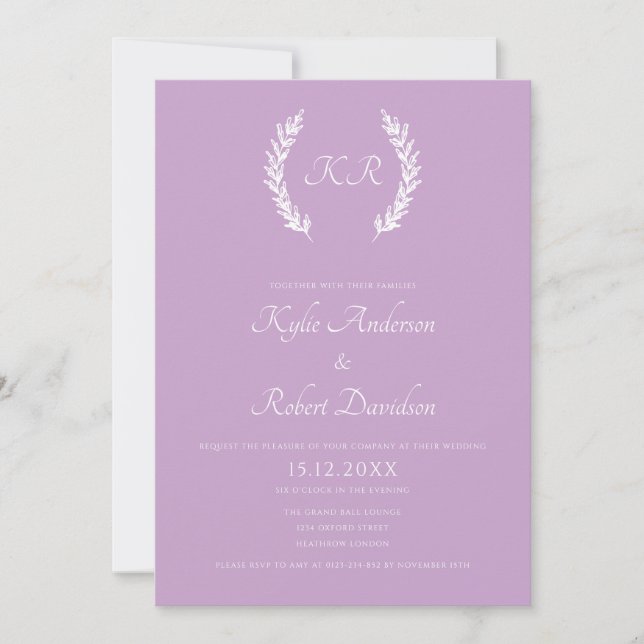 Minimal floral Elegant Monogram Lavender Wedding Einladung (Vorderseite)