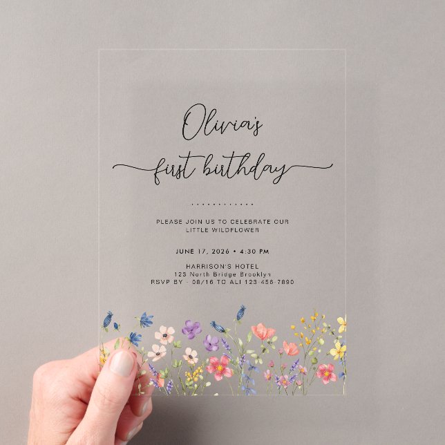 Minimal Floral First Birthday Acrylic Invitation Acryleinladungen (Insitu (Handheld))
