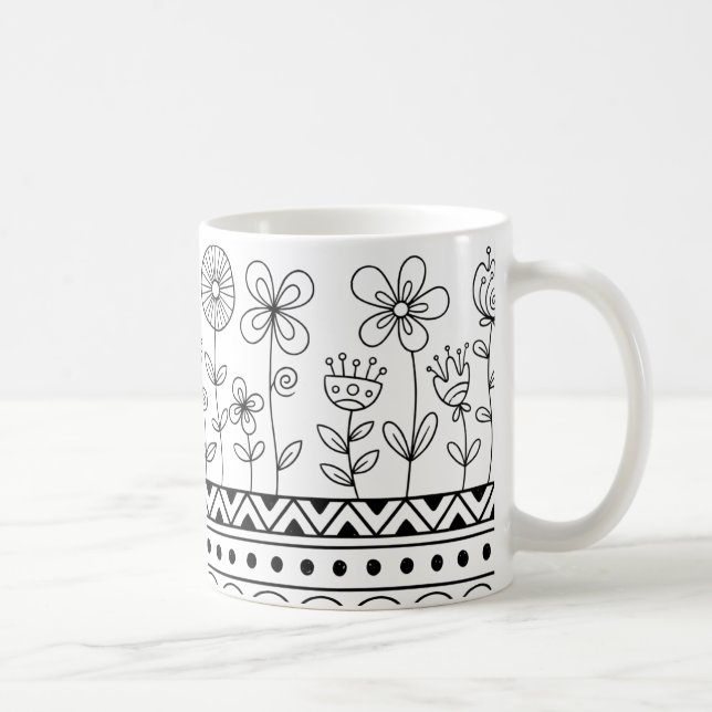 Minimal Floral Folk Pattern Mug – Boho Line Art Kaffeetasse (Rechts)
