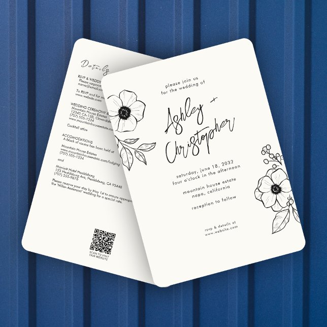 Minimal florale Botanische White All-in-One Hochze Einladung (Von Creator hochgeladen)