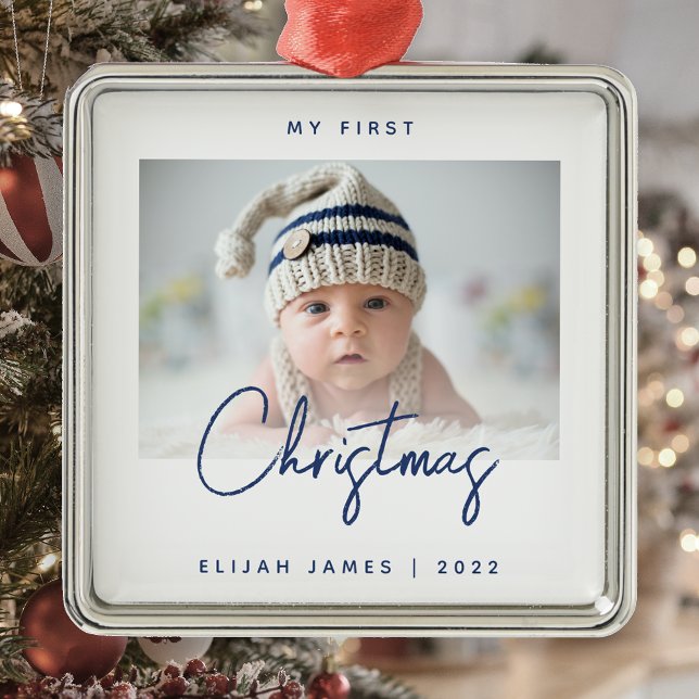 Minimal Foto Baby's First Christmas Navy Blue Ornament Aus Metall (Von Creator hochgeladen)