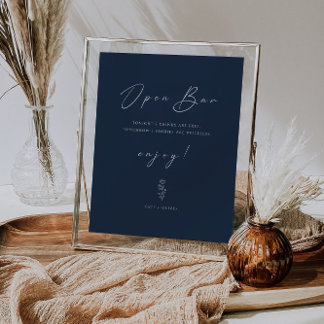 Minimal Funny Navy Blue Wedding Open Bar Sign Poster