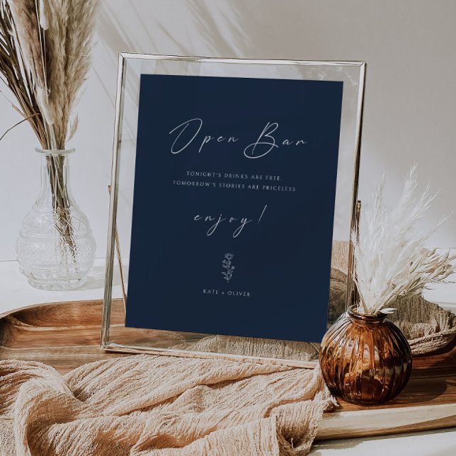 Minimal Funny Navy Blue Wedding Open Bar Sign Poster (Von Creator hochgeladen)
