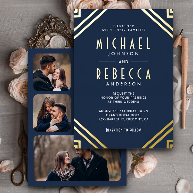 Minimal Geometrische Art Deco Hochzeit Navy Blue G Folieneinladung (Von Creator hochgeladen)