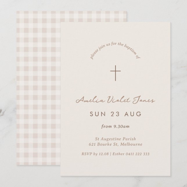 Minimal Gingham Taufe Christening Cross Einladung (Vorne/Hinten)