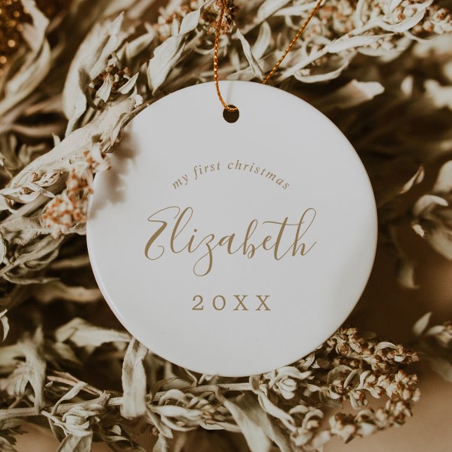 Minimal Gold Baby's First Christmas Newborn Foto Keramik Ornament (Von Creator hochgeladen)