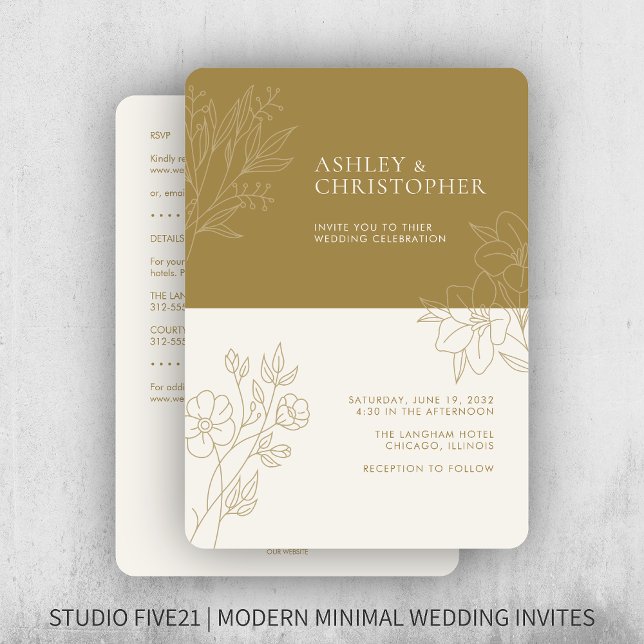 Minimal Gold Foliage Kontur All-in-One Hochzeit Einladung (Von Creator hochgeladen)