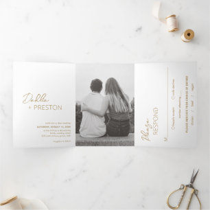 Minimal Gold Foto Moderne Hochzeit Dreifach Gefaltete Einladung