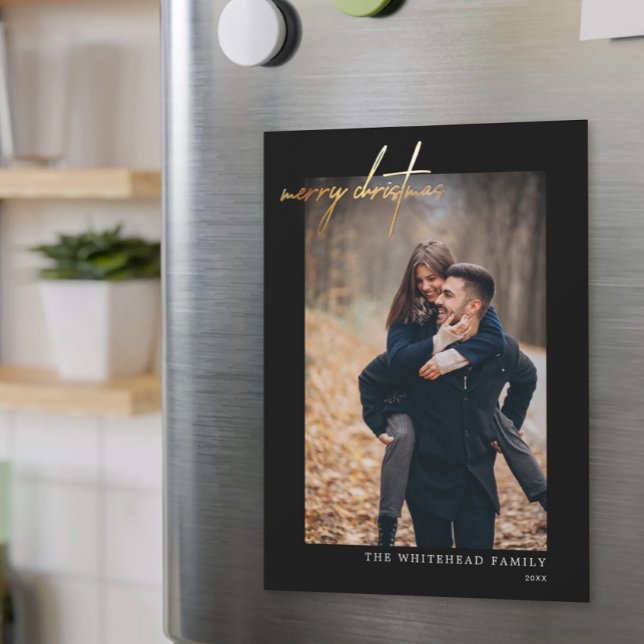 Minimal Gold Frohe Weihnachten Black Magnetic Card Magnetkarte (Von Creator hochgeladen)