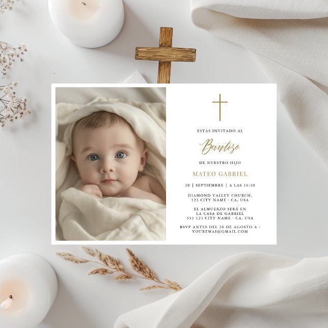 Minimal Gold Invitaciones Para Bautizo Foto Einladung (Von Creator hochgeladen)