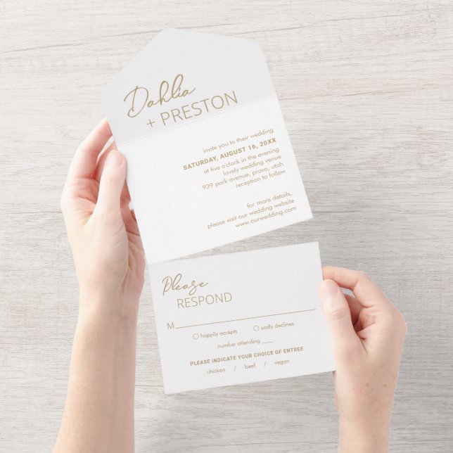 Minimal Gold Moderne Hochzeit All In One Einladung (Abreißen)