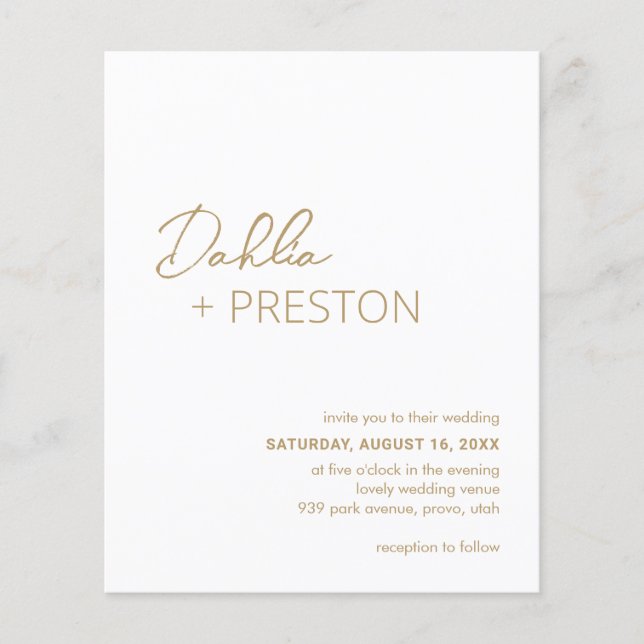 Minimal Gold Modernes Budget Hochzeit einladen (Vorderseite)