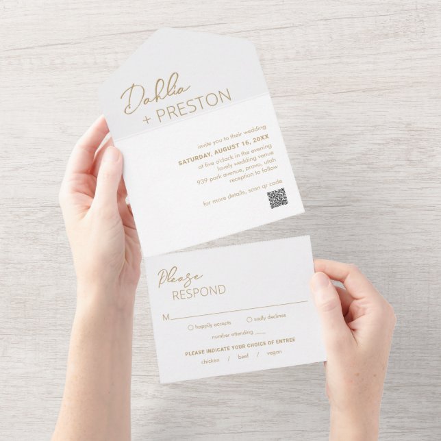 Minimal Gold QR Code Moderne Hochzeit All In One Einladung (Abreißen)