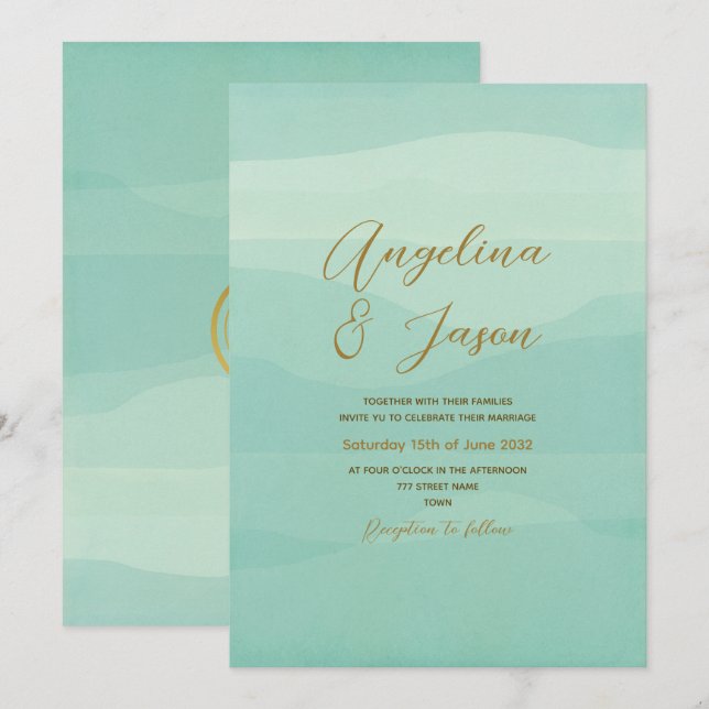 Minimal Gold Sage Green Wedding Einladung (Vorne/Hinten)