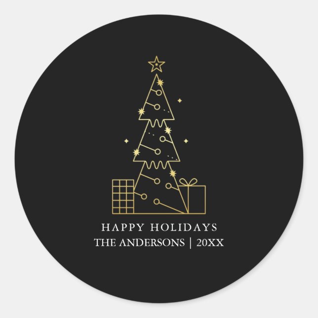 Minimal Gold Weihnachtsbaum Moderner Schwarz Runder Aufkleber (Vorderseite)