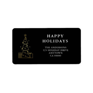 Minimal Gold Weihnachtsbaum Schwarze Rücksendeadre Adressaufkleber