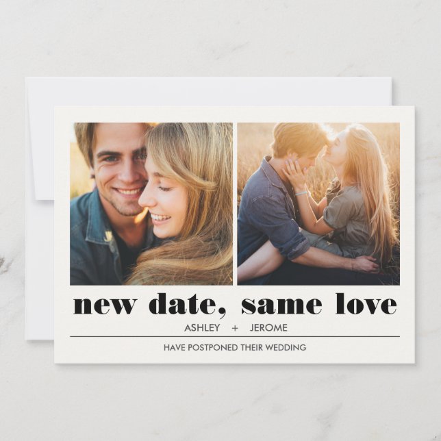 Minimal grafisch | 2 Fotos Hochzeitsaufschub Karte (Vorderseite)