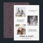Minimal grafisch | Jahr im Überblick 3 Foto Collag Karte<br><div class="desc">Moderne und minimale Grafik-Typografie verfügt über drei beliebte quadratische Fotos mit benutzerdefinierten Beschriftungen,  mit Ihrem Familiennamen und "Was für ein Jahr!" darunter,  Die Rückseite der Karte bietet einen Pop der Koordinierung der Farbe (burgundy) mit einem Wintersternmuster Jede Farbe,  die auf Anfrage verfügbar ist</div>