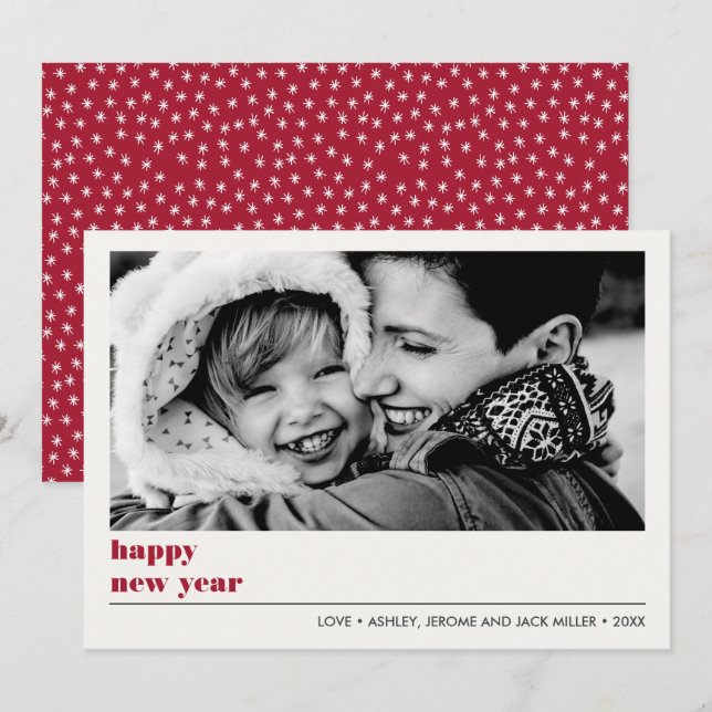 Minimal grafisch | Ruby red Happy new Year Foto Karte (Vorne/Hinten)
