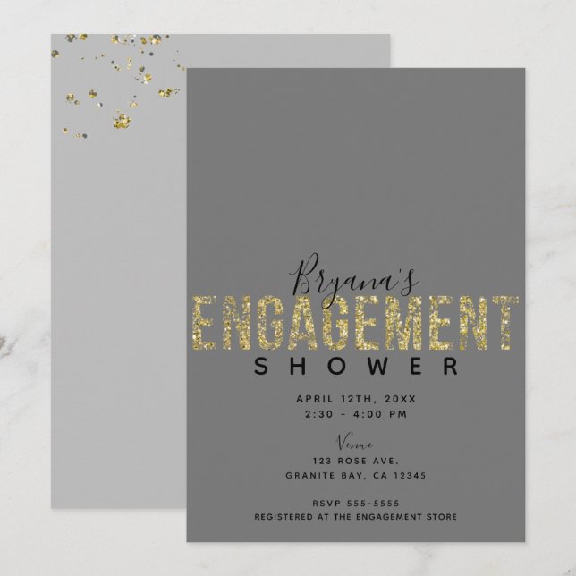 Minimal Gray Gold Flakes Glitzer Verlobung Dusche Einladung (Vorne/Hinten)