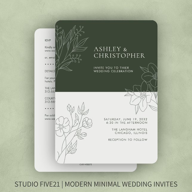 Minimal Green Foliage Kontur All-in-One Hochzeit Einladung (Von Creator hochgeladen)