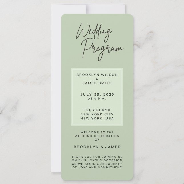 Minimal Green Sage Wedding Programs Einladung (Vorderseite)