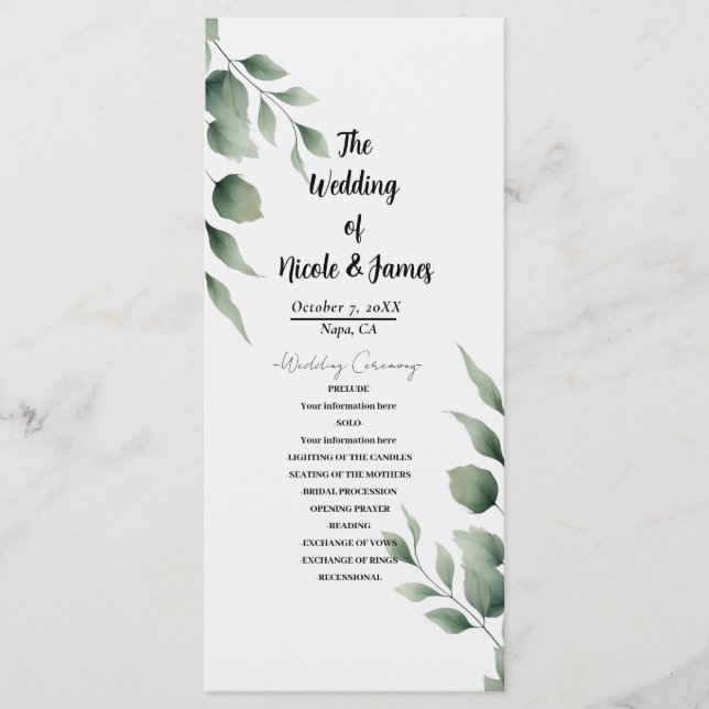 Minimal Greenery Blätter Moderne Weiße Hochzeit Programm (Vorderseite)