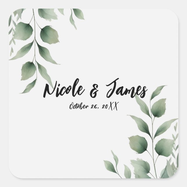 Minimal Greenery Blätter Moderne Weiße Hochzeit Quadratischer Aufkleber (Vorderseite)